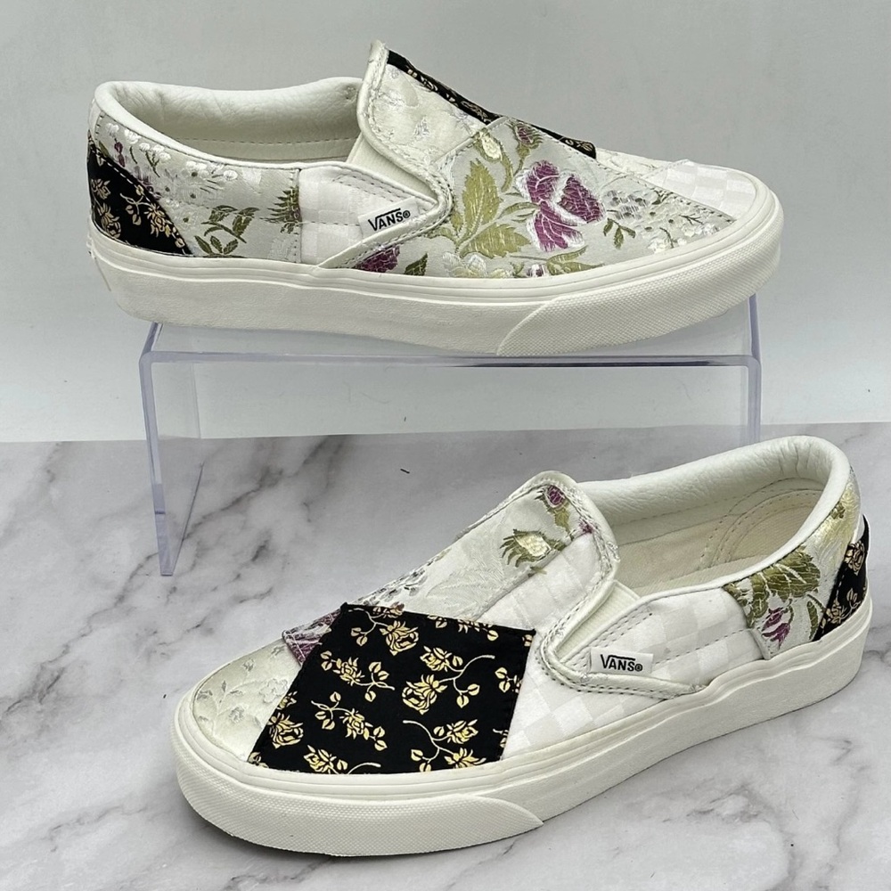 Vans Classic Slip On Shoes Womens Size 6.5 Retro Floral Patchwork White Brocade - Picture 5 of 14